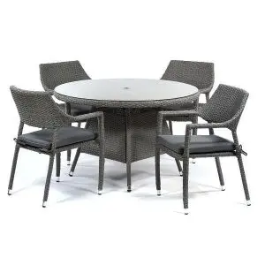 Oasis Round Glass Top Table and 4 Stacking Chairs - 4 Seat Grey Rattan Dining Set