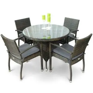 Deigo Ascot Round Glass Top Table & 4 Ascot Arm Chairs - 4 Seat Black & Brown With Grey Cushions Included