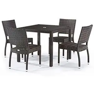 Ascot Square Glass Top Table & 4 Ascot Side Chairs - 4 seat Black/Brown Rattan Dining Set