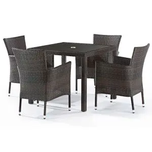 Alonso Square Glass Top Table & 4 Ascot Side Chairs - 4 Seat Black/Brown Rattan Dining Set
