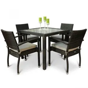 Apollo Square Glass Top Table & 4 Ascot Side Chairs - 4 Seat Black/Brown Rattan Dining Set