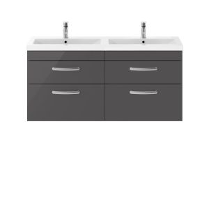 1200mm Wall Hung Cabinet With Double Ceramic Basin - Nuie ATH078F Gloss Grey, Grey colour ,image 1