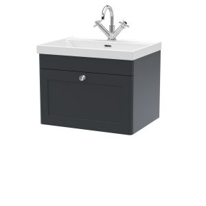 600mm Wall Hung 1-Drawer Vanity with Basin - 1 Tap Hole - Nuie CLC1494E Black, Black colour ,image 1