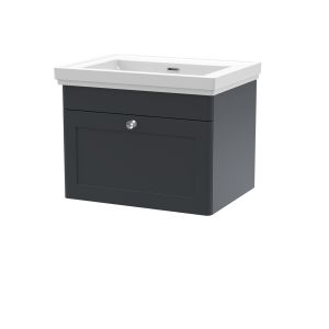 600mm Wall Hung 1 Drawer Vanity & Basin 0TH - Nuie CLC1494H Black, Black colour ,image 1