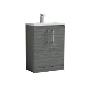 600mm Floor Standing 2 Door Vanity & Ceramic Basin - Nuie PAL025E Anthracite Woodgrain