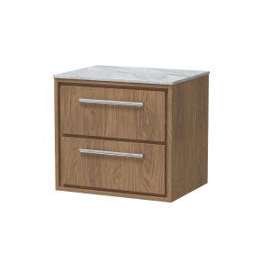 600mm Wall Hung 2-Drawer Vanity with Marble Worktop - Hudson Reed LIL2724GMT Oak, Oak colour ,image 1