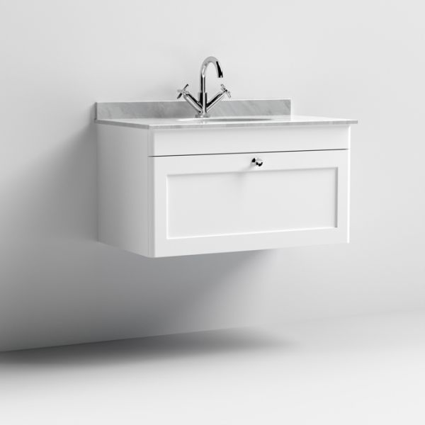 800mm Wall Hung 1 Drawer Vanity & Marble Top 1TH - Nuie CLC196GR1 White, White colour 0