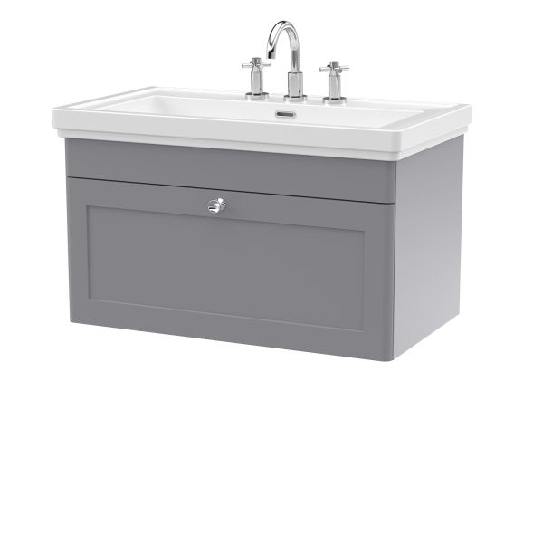 800mm Wall Hung 1-Drawer Vanity & Basin 3TH - Nuie CLC296B Grey, Grey colour ,image 1