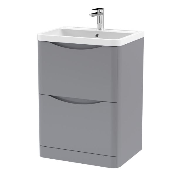 600mm Floor Standing 2 Drawer Vanity & Polymarble Basin - Nuie LUN201 Grey, Grey colour ,image 1