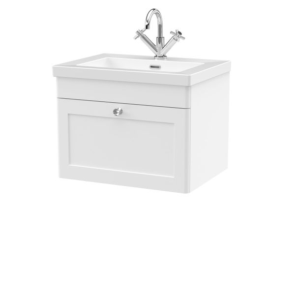 600mm Wall Hung 1-Drawer Vanity with Basin - 1 Tap Hole - Nuie CLC194L White, White colour ,image 1