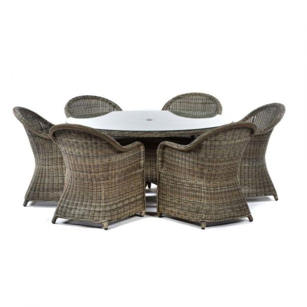 Regent 6 Seat Rattan Large Round Glass Top Table and 6 Arm Chairs - Neutral Brown with Dark Grey Cushions Included, Brown colour ,image 1