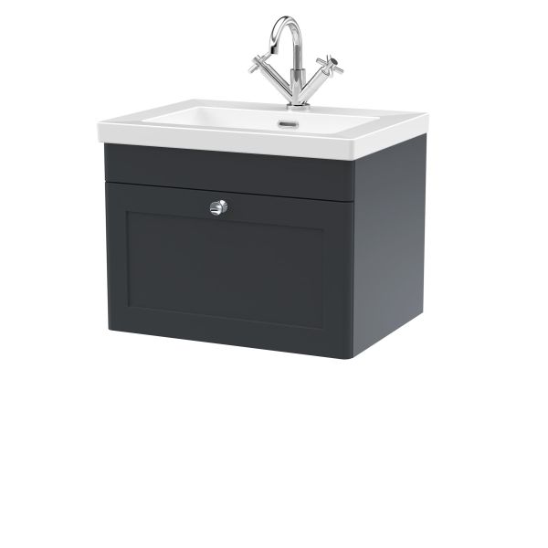 600mm Wall Hung 1-Drawer Vanity with Basin - 1 Tap Hole - Nuie CLC1494L Black, Black colour ,image 1