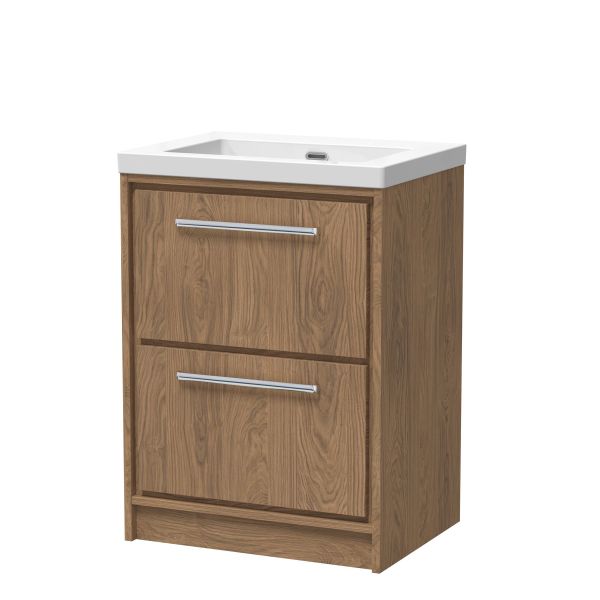 600mm Floor Standing 2-Drawer Vanity with Basin - 0 Tap Hole - Hudson Reed LIL2733K Oak, Oak colour ,image 1