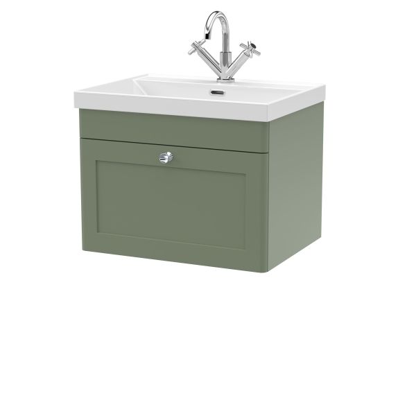 600mm Wall Hung 1-Drawer Vanity with Basin - 1 Tap Hole - Nuie CLC894E Green, Green colour ,image 1