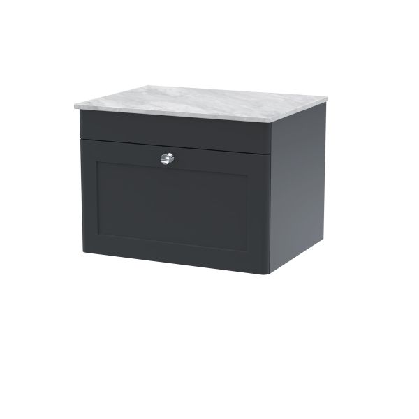 600mm Wall Hung 1-Drawer Vanity with Marble Top - Nuie CLC1494GMT Black, Black colour ,image 1