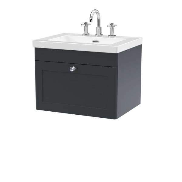 600mm Wall Hung 1-Drawer Vanity with Basin - 3 Tap Hole - Nuie CLC1494M Black, Black colour ,image 1