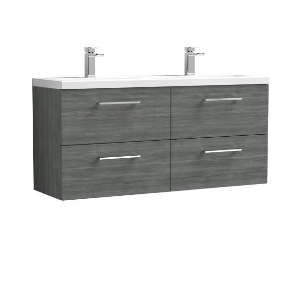 1200mm Wall Hung 4 Drawer Vanity & Double Basin - Nuie ARN524F Grey, Grey colour ,image 1