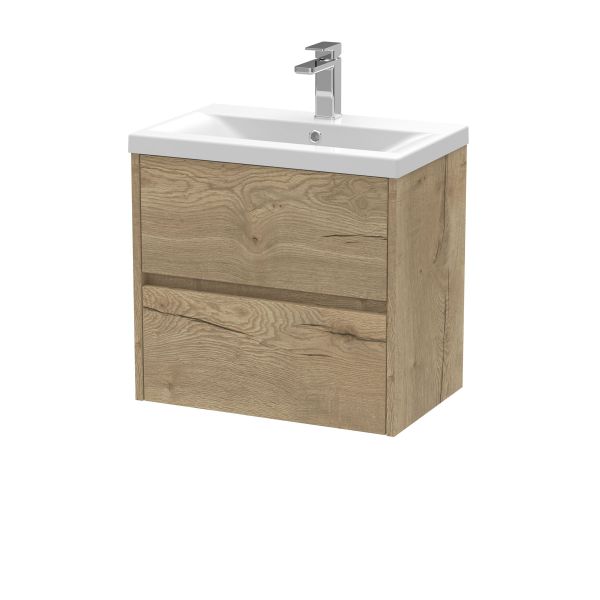 600mm Wall Hung 2 Drawer Unit & Basin 1 - Nuie HAV804A Oak, Oak colour ,image 1