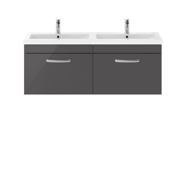 1200mm Wall Hung Cabinet With Double Ceramic Basin - Nuie ATH077F Gloss Grey, Grey colour ,image 1
