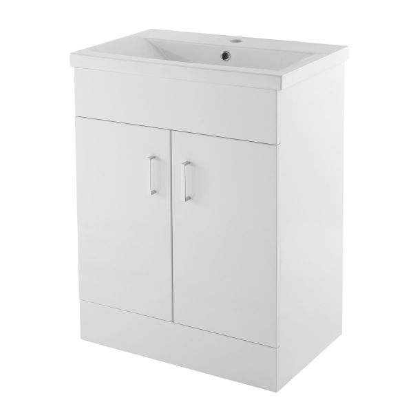 600mm Floor Standing Cabinet & Mid-Edge Basin - Nuie VTMW600E Gloss White, White colour ,image 1