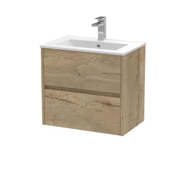 600mm Wall Hung 2 Drawer Unit & Basin 2 - Nuie HAV804B Oak, Oak colour ,image 1