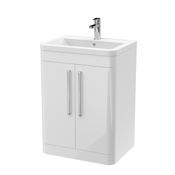 600mm Floor Standing 2 Door Vanity & Ceramic Basin - Nuie FPA010A White, White colour ,image 1