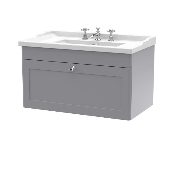 800mm Wall Hung 1 Drawer Vanity & Basin 3TH - Nuie CLC296G Grey, Grey colour ,image 1