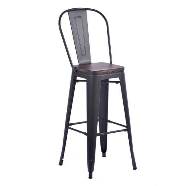 Tolix Style 850 x 450 Metal Garden High Chair With Timber Seat - Black, Black colour ,image 1