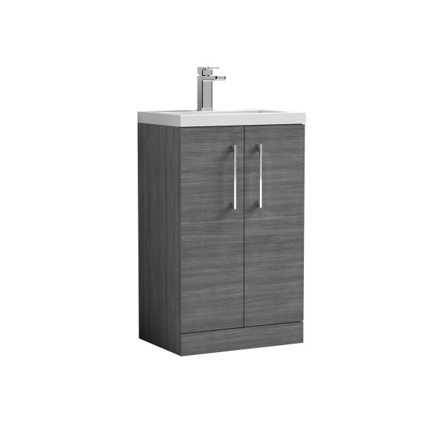 500mm Floor Standing 2 Door Vanity & Polymarble Basin - Nuie PAL004 Anthracite Woodgrain, Brown/Grey colour ,image 1
