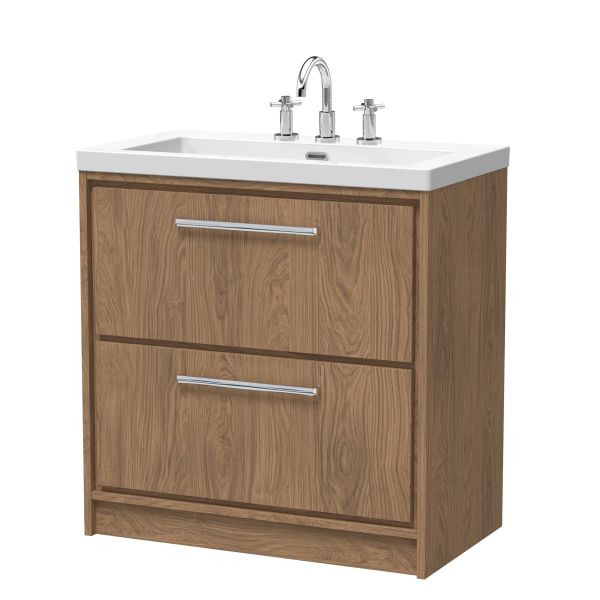 800mm Floor Standing 2-Drawer Vanity with Basin - 3 Tap Hole - Hudson Reed LIL2735M Oak, Oak colour ,image 1