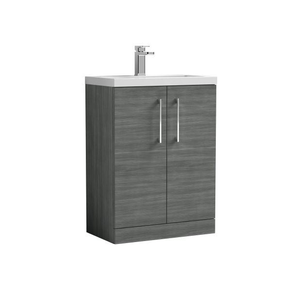 600mm Floor Standing 2 Door Vanity & Polymarble Basin - Nuie PAL025 Anthracite Woodgrain, Brown/Grey colour ,image 1
