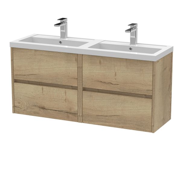 1200mm Wall Hung 4 Drawer Unit & Double Basin - Nuie HAV804C Oak, Oak colour ,image 1