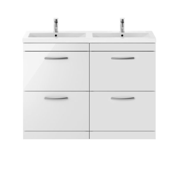 1200mm Floor Standing Cabinet With Double Ceramic Basin - Nuie ATH034F Gloss White, White colour ,image 1