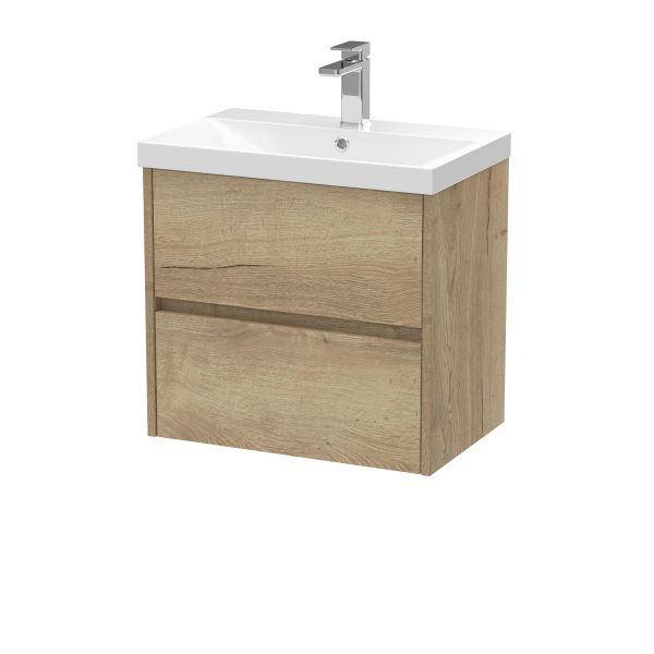 600mm Wall Hung 2 Drawer Unit & Basin 3 - Nuie HAV804D Oak, Oak colour ,image 1