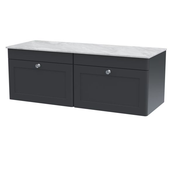 1200mm Wall Hung 2-Drawer Vanity with Marble Top - Nuie CLC1494GMT2 Black, Black colour ,image 1