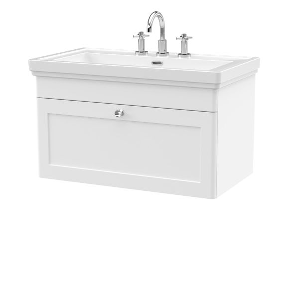 800mm Wall Hung 1-Drawer Vanity & Basin 3TH - Nuie CLC196B White, White colour ,image 1