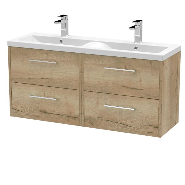 1200mm Wall Hung 4 Drawer Vanity & Double Basin - Hudson Reed JNU1824F Oak, Oak colour ,image 1