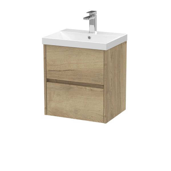 500mm Wall Hung 2 Drawer Unit & Basin 3 - Nuie HAV802D Oak, Oak colour ,image 1