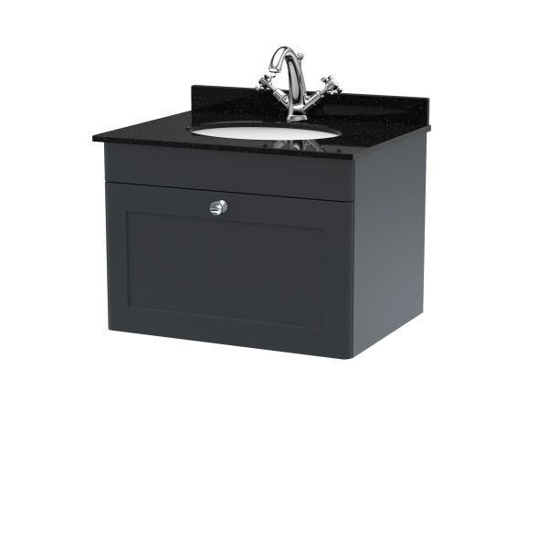 600mm Wall Hung 1 Drawer Vanity & Marble Top 1TH - Nuie CLC1494BR1 Black, Black colour ,image 1