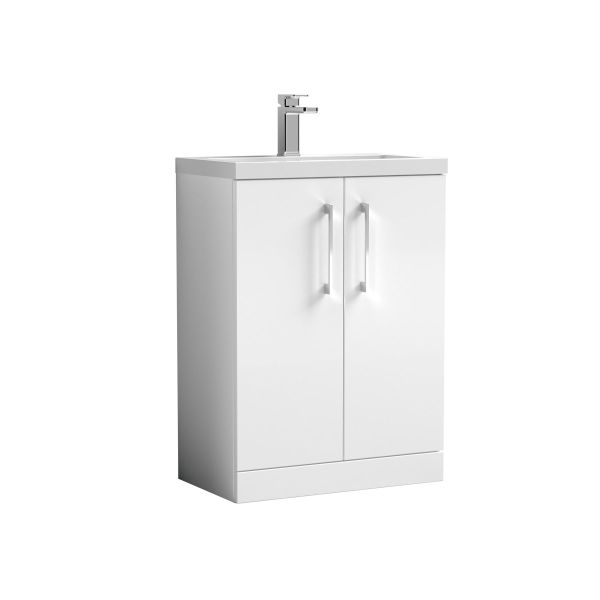 600mm Floor Standing 2-Door Vanity & Polymarble Basin - Nuie PAL027 Gloss White, White colour ,image 1