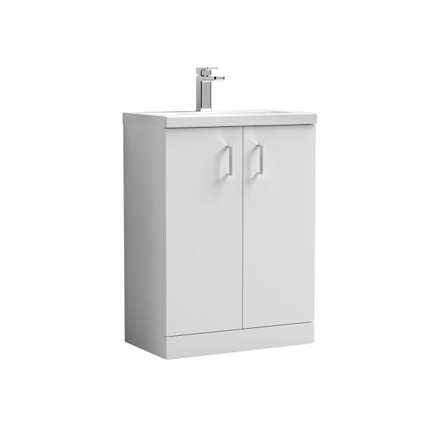 600mm Floor Standing 2-Door Vanity & Ceramic Basin - Nuie PAL027E Gloss White, White colour ,image 1