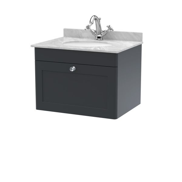 600mm Wall Hung 1 Drawer Vanity & Marble Top 1TH - Nuie CLC1494GR1 Black, Black colour ,image 1