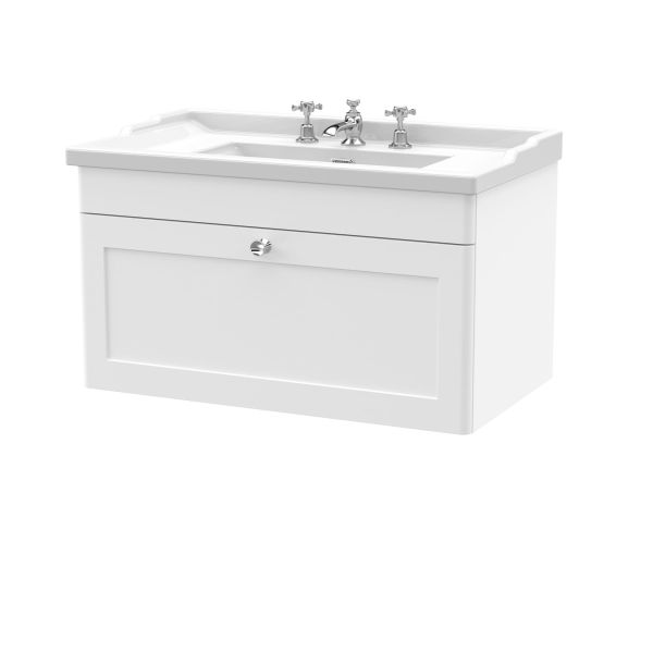 800mm Wall Hung 1 Drawer Vanity & Basin 3TH - Nuie CLC196G White, White colour ,image 1