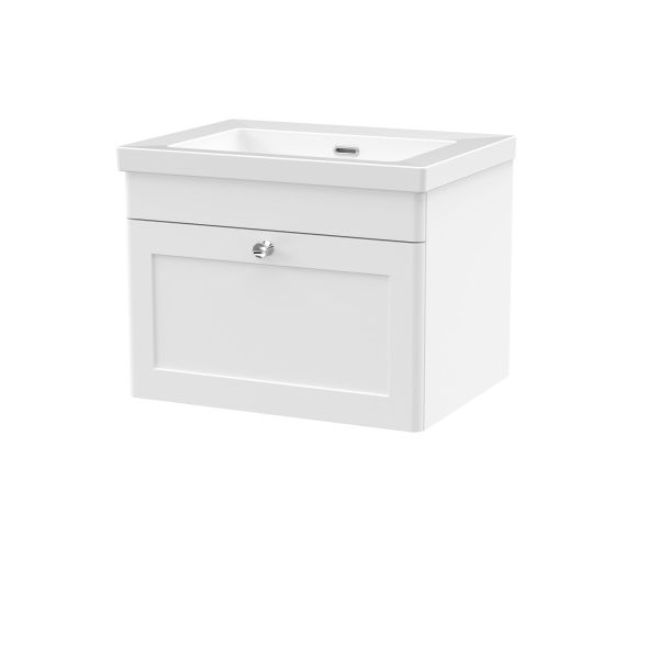 600mm Wall Hung 1-Drawer Vanity with Basin - 0 Tap Hole - Nuie CLC194K White, White colour ,image 1