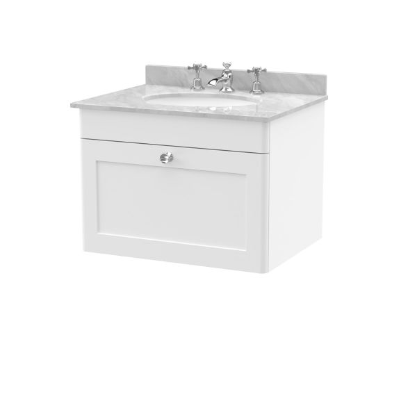 600mm Wall Hung 1 Drawer Vanity & Marble Top 3TH - Nuie CLC194GR3 White, White colour ,image 1