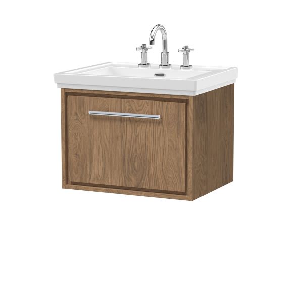 600mm Wall Hung Single Drawer Vanity with Basin - 3 Tap Hole - Hudson Reed LIL2722B Oak, Oak colour ,image 1