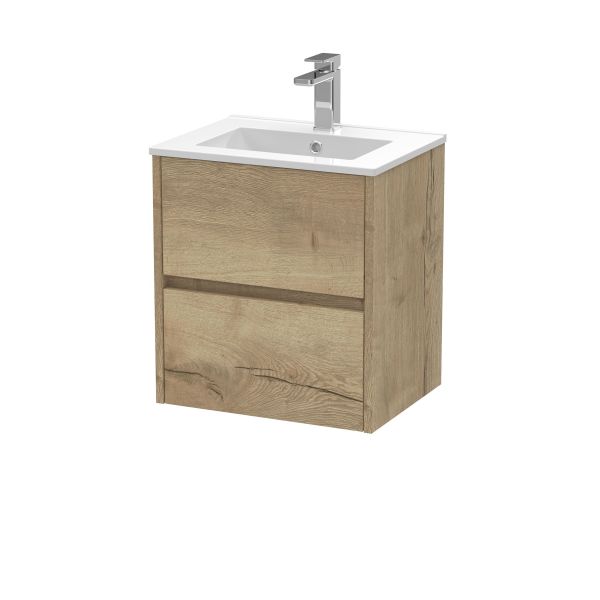 500mm Wall Hung 2 Drawer Unit & Basin 2 - Nuie HAV802B Oak, Oak colour ,image 1