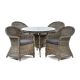 Regent 4 Seat Rattan Round Glass Top Table and 4 Arm Chairs - Neutral Brown with Dark Grey Cushions Included